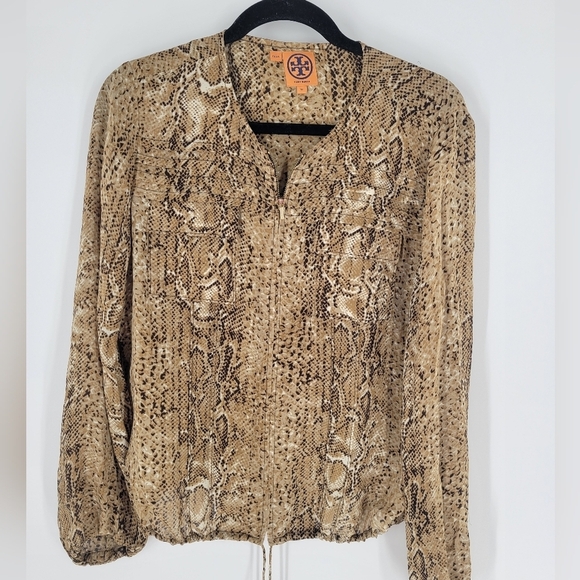 TORY BURCH Cari Zip Front Snake Python Printed Silk Blouse Size 12 - Picture 1 of 5